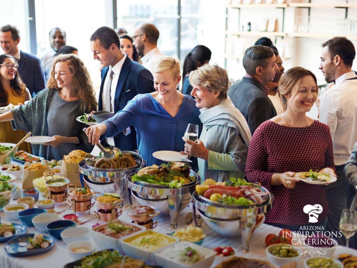 Corporate Catering buffet at company event with guests dining