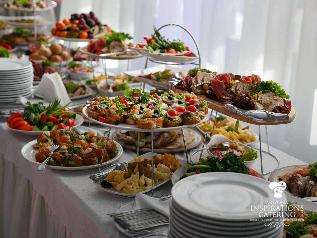 Assorted dishes on a wedding menu display by AZ Inspirations Catering