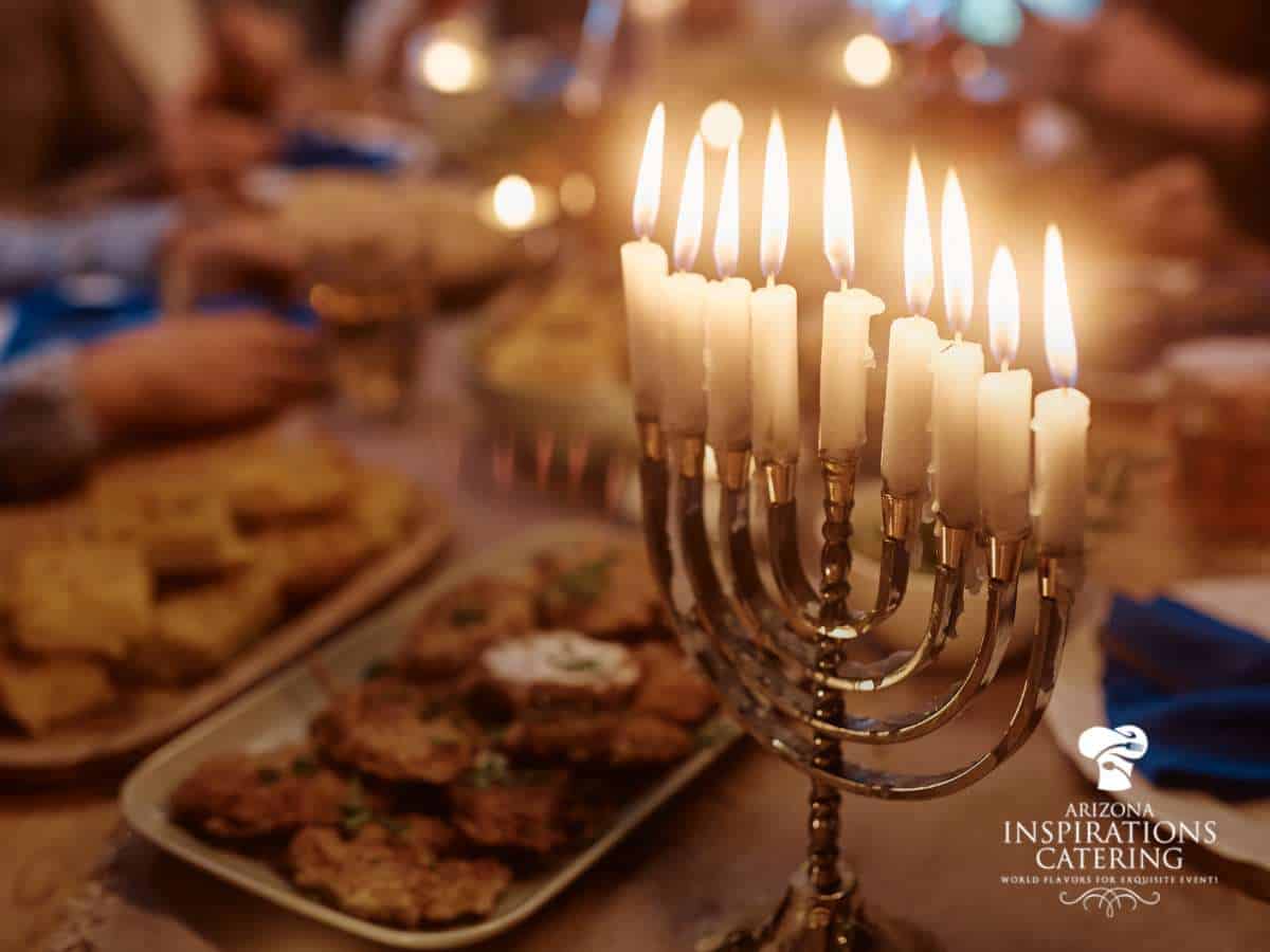 Bar Mitzvah catering event with menorah and delicious food served at the table